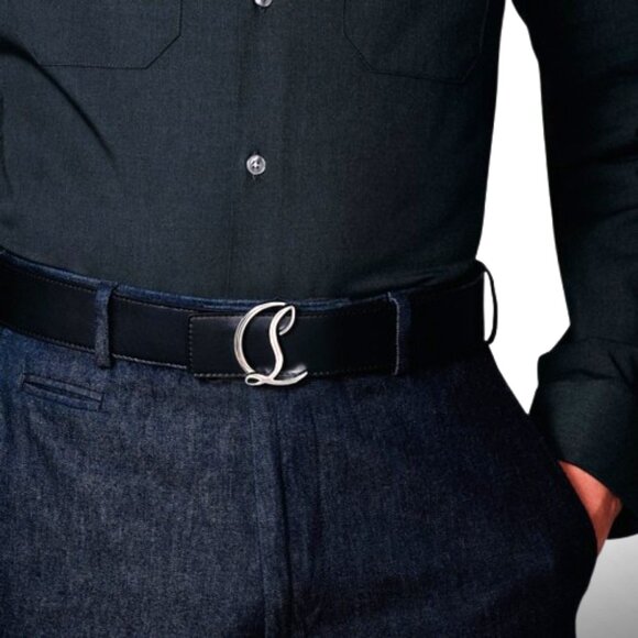 Christian Louboutin CL Logo Belt 40mm Black Calfskin Red Lining Silver Buckle - Picture 7 of 7